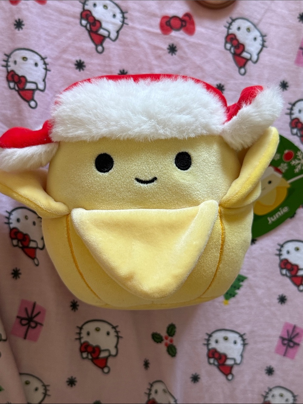 Squishmallow Banana Junie Plush with Holiday Hat (Yellow, Red, White)